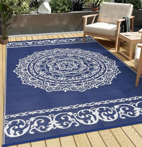 GarveeLife 9x12 Outdoor Rug Boho Waterproof Plastic Straw Area Rug for Patios Indoor Outdoor Reversible RV Mat for Outside Portable Camping Carpet for Picnic Beach Balcony Poolside, Navy/White