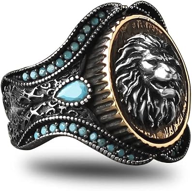 BayVog 925 Sterling Silver Lion Head Mens Ring, Turquoise Stone, Handmade Engraved Signet Ring, Yellow