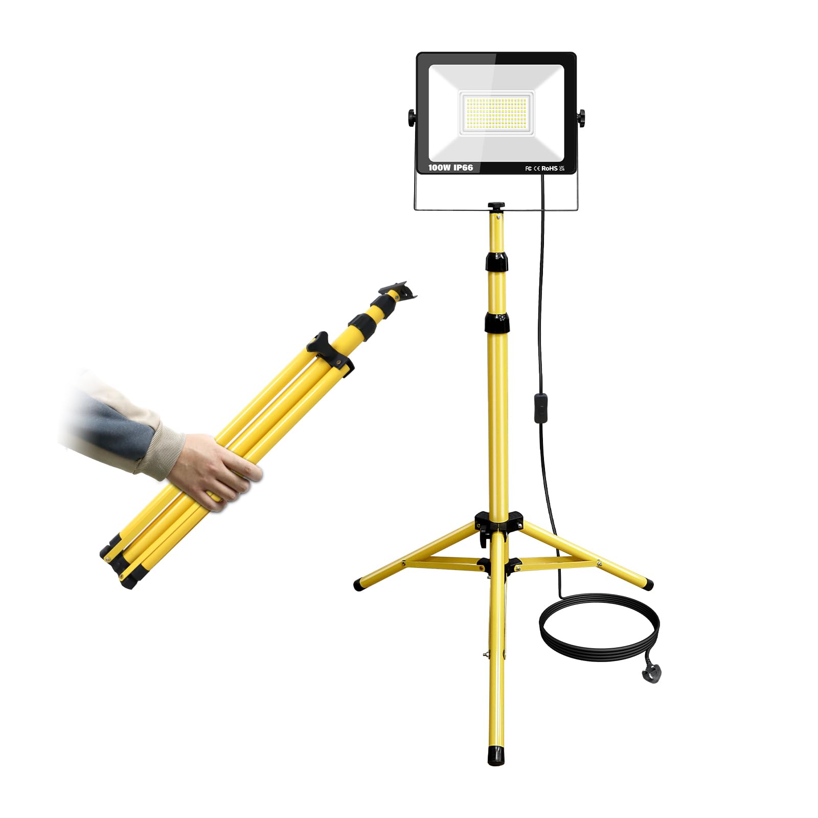 RIGIDON 100W Tripod Stand LED Work Light, 100W Floodlight, Flexible Portable Job Site Light, 10000LM 175V to 265V Outdoor Indoor worklight for Workshop, Garage, Construction, Basement, White, IP65