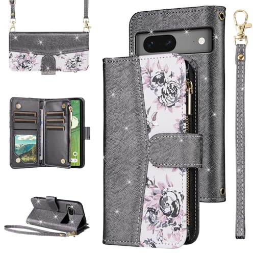 Furiet for Google Pixel 7 5G Floral Wallet Case with Flip Zipper Purse Wrist Strap Shoulder Strap Luxury Glitter PU Leather Card Holder Stand Phone Cover for Pixel7 Pixle Seven 6.3 Women Black