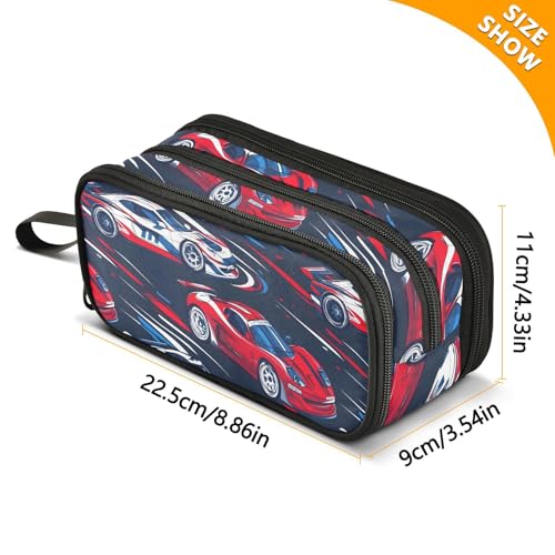 Image of Sports Racing Cars Pencil Case Box Boys Girls Large Pencil Pouch Zipper Compartments Big Capacity Stationery Pen Bag Organizer for Kids Teens Adults School Office