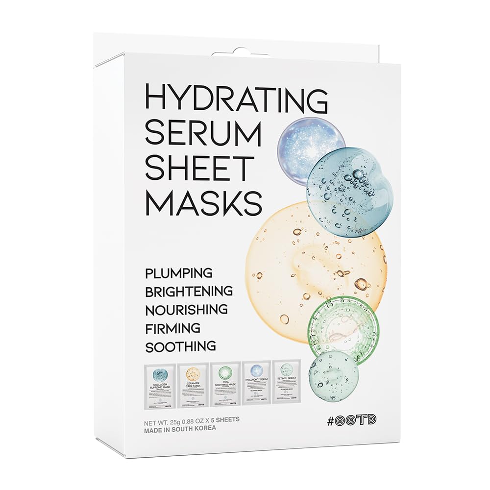 Hydrating Sheet Mask Starter Kit Variety Pack for Skin Care, Dry, Ance, Sensitive Skin, Korean Vegan Facial Sheet Mask for Men & Women, Collagen, Cica, Ceramide, Hyaluron, Retinol 5EA