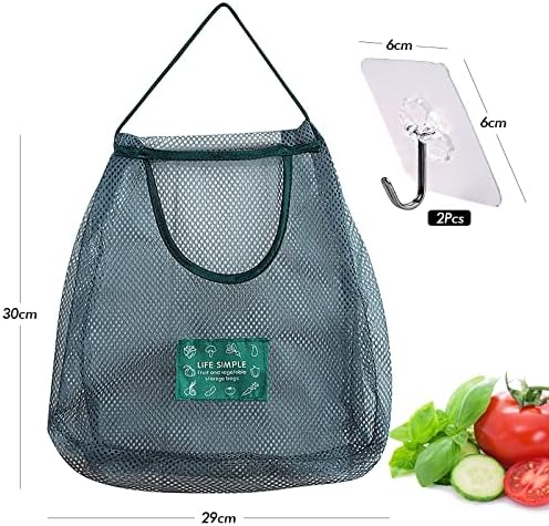 Hanging Produce Bag 2Pcs Eco Friendly Vegetable Storage Bags Reusable Grocery mesh Bags with 2pcs Hooks for Onions,Potatoes,Vegetable,Fruit and Miscellaneous