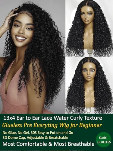 Image of KLAIYI Pre Everything 13x4 Glueless Wig Water Wave Mix Jerry Curly Pre Cut Lace Front Wigs Human Hair Pre Plucked Pre Bleached Bye Bye Knots 3S Ready To Wear and Go Wig with Baby Hair Put on Go 18Inch