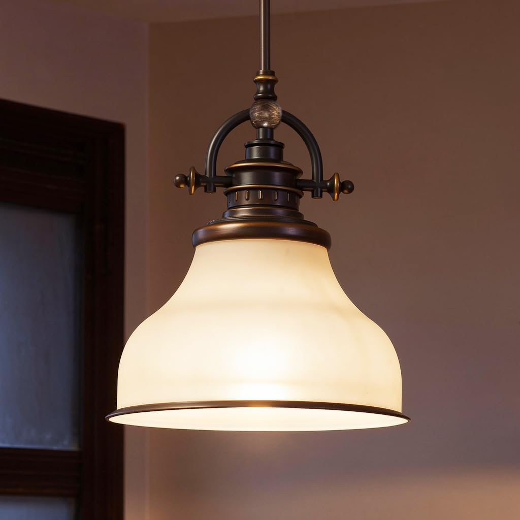 Urban Ambiance Luxury Industrial Pendant Light, Small Size: 9.5" H x 8" W, with Americana Style Elements, Nostalgic Design, Oil Rubbed Parisian Bronze Finish and Opal Etched Glass, UQL2338
