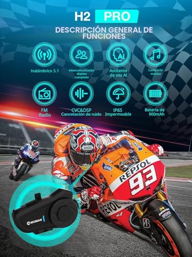 Miniatura 2 de Moman Intercomunicador Casco Moto, H2Pro 2 Vías Intercomunicador Universal 1000M DSP＆CVC Reducción de Ruido Manos Libres Moto Auriculares/Impermeable/Compartir Música/AI Voz (2 Pieza,Negro)
