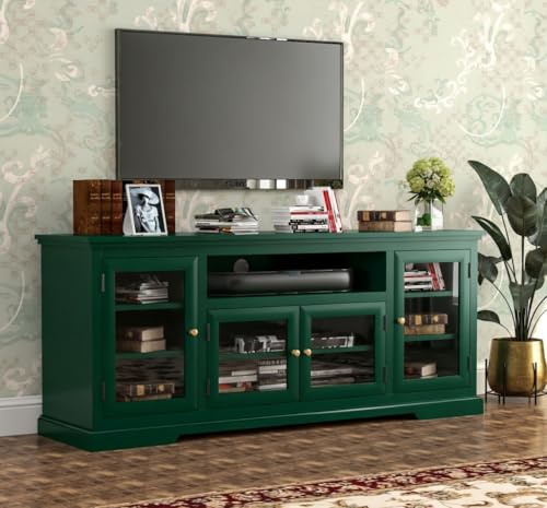 Image of Sheesham Solid Wood TV Cabinet for Living Room | Handcrafted Wooden TV Unit with Storage | Elegant Entertainment Stand for Modern Homes (Glass Tv Cabinet, Green)
