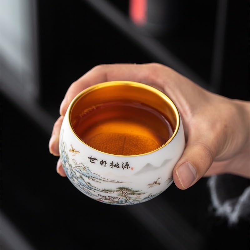 Keramik-Teetasse Weiße Porzellan-Teeschale, Jian Ware, kleine Teeschale, vergoldete Tasse, Holzblattschale, Tee-Probiertasse Tassen für Tee