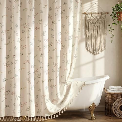 Blgiont Farmhouse Floral Shower Curtain with 12 Clear Rings, Fabric Faux Linen Shower Curtain Set, Vintage Cottagecore Shower Curtain for Bathroom 72