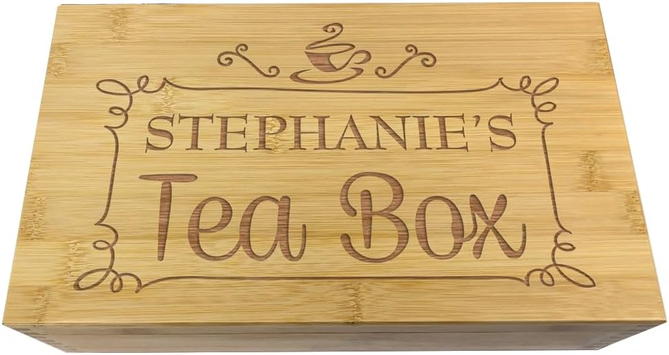 GiftsForYouNow Personalized Bamboo Tea Box, Custom Tea Bag Storage Container, Engraved, 4 Compartments, Tea Organizer, Any Name