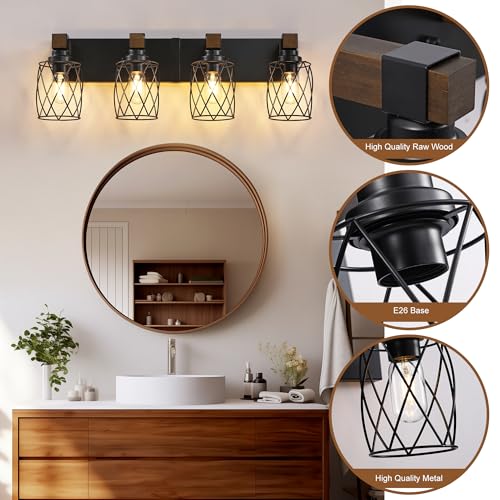 Image of Farmhouse 4-Light Wood Bathroom Vanity Light, Black Metal Cage Shade | Mounted Over Mirror, Industrial Rustic Style, Ideal for Bathroom, Bedroom, Hallway & Living Room, Easy To Install