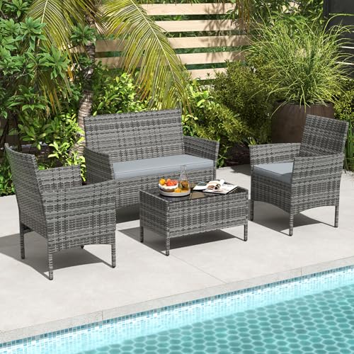 ORALNER 4 Pieces Patio Furniture Set, Outdoor Wicker Conversation Set, Rattan Chairs Loveseat with Soft Cushion and Glass Table for Balcony Porch Backyard Garden Poolside (Gray)
