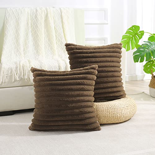 FUTEI Tan Striped Decorative Throw Pillow Covers 26x26 Inch Set of 2,Square Winter Decorations Couch Euro Pillow Shams,Soft Cozy Faux Rabbit Fur & Velvet Back,Modern Home Decor for Bed
