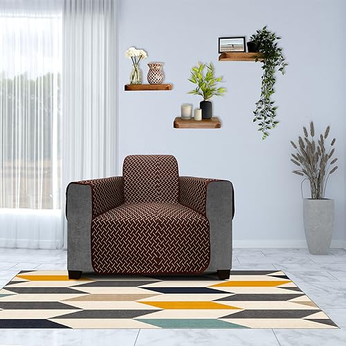 Image of DREAM KING 3 Layers 300 GSM Waterproof Reversible Sofa Cover Single Seater with Pockets | Dust Protective Soft Fabric Sofa Seat Cover Coffee & Beige