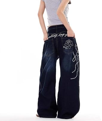 Y2K Embroidered Wide-Leg Denim Pants for Women - Gothic Rose & Thorn Design, Baggy Boyfriend Fit with Vintage Washed