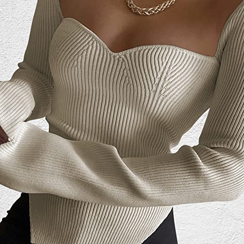 Image of Women's Square Neck Ribbed Knitted Sweater Long Sleeve Crop Slim Fitted Basic Pullover Tops