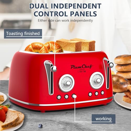 Image of Plumchef 4 Slice Wide Slot Retro Style Toaster, Dual Control Toaster wtih Timer, 6 Browning Settings, Bagel /Defrost Functions, Removable Crumb Tray, Stainless Steel Housing,Black
