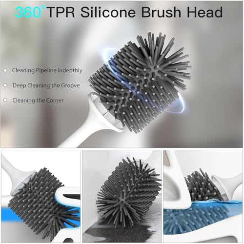 Image of CUBIZ Silicone Toilet Brush with Quick Drying Stand and Leak-Proof Base, Toilet Brush Silicone Clean Without Dead Corners, Toilet Brush Holder Wall Mounted & Standing