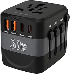 Carregador de Viagem Universal com 2 USB-C + 2 USB-A, Adaptador para 180+ Países, 30W, Preto - Compatível com PD/QC/PPS, 5 Dispositivos Simultâneos