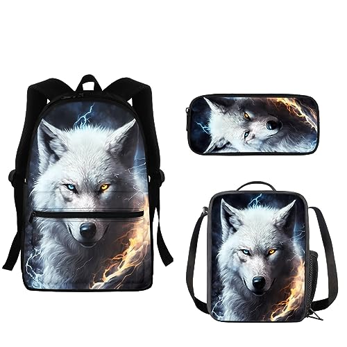 Sac d'école avec boîte à déjeuner loup blanc et trousse pour ados filles garçons