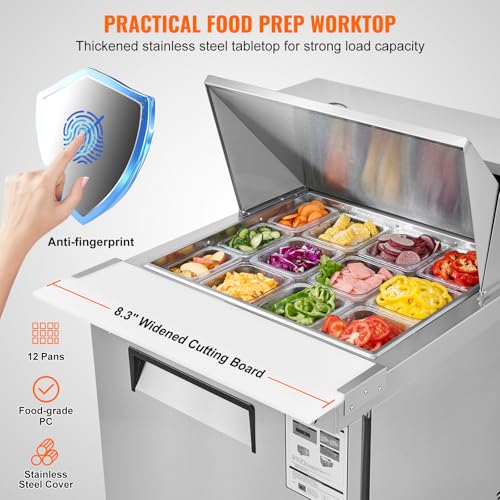 Image of VEVOR 28 inch Commercial Refrigerator, 12 Pans Sandwich & Salad Prep Table, 7.4 Cu. Ft Stainless Steel Refrigerated Food Prep Station, Frost Free Mega Top Refrigerator for Restaurant, Food Truck, Bar