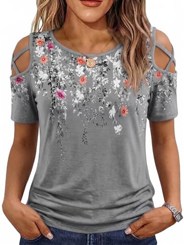 Image of Jar of Love Women's Summer Tops Short Sleeve Cold Shoulder Tops T-Shirts for Women Spring Summer Tops Loose Fit Tunic 2026