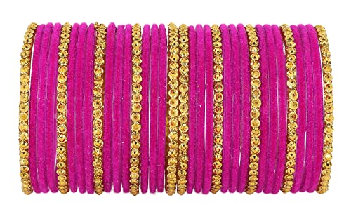 Image of NMII Premium Glass & Golden Beads Velvet Bangle Set For Women and Girls | Velvet Chudi | Traditional Chudi Set | Designer Girl's Bangles Bracelet | Wedding, Party, Festive, Daily- Set of 34
