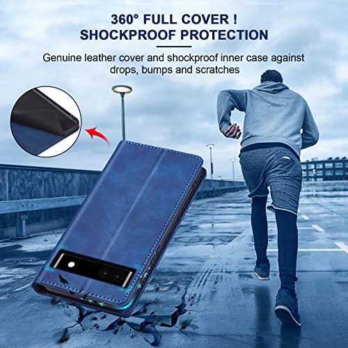 Image of Jasonyu Flip Wallet Case for Google Pixel 6A 5G,Leather Magnetic Folio Cover with Card Holder,Kickstand - TPU Shockproof Durable Protective Phone Case,Blue