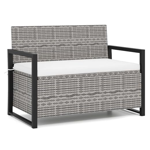 COSTWAY 2 Seater Garden Storage Bench, PE Rattan Deck Box Seat with 150L Box and Padded Cushion, Wicker Outdoor Loveseat Park Bench Chair (Mix Gray)