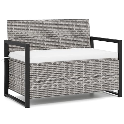 COSTWAY 2 en 1 Banc Coffre Exterieur en Rotin PE, Banc de Jardin avec Coussin, Coffre de Rangement 175 L, Accoudoirs en Bois d'Acacia, pour Jardin Balcon,...