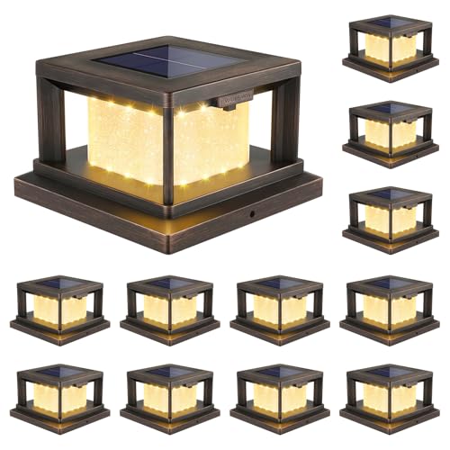 Mlambert 12 Pack Solar Post Lights Outdoor, 2 Modes LED Fence Cap Light for 4x4 Post, Waterproof Deck Light Patio Garden Decor, Warm/Cool White, Brown
