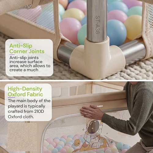 Image of Baybee 120 x 120 CM Kids Playpen for Babies with Colourful Balls | Baby Play Area Indoor Setup with Zipper Door & Toys Pouch | Kids Activity Play Gate Fence with Corner Protection | Outdoor play pen for baby for 0 - 5 years Boys Girls (Beige)