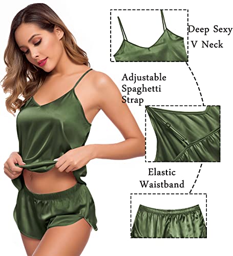 Image of SWOMOG Womens Silk Satin Pajamas Sets 4pcs Sleepwear Sexy Cami Shorts Set and Button Down Short Sleeve Pjs Loungewear Olive Green Large