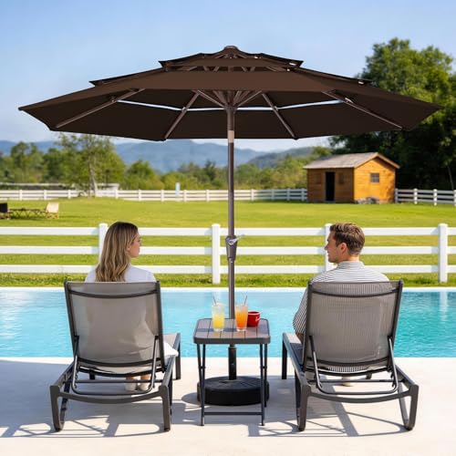 Image of JEAREY 9FT 3 Tier Patio Umbrella Outdoor Market Umbrella Table Umbrellas with 8 Ribs 1.5 Pole Push Button Tilt and Crank UV Protection for Garden,Brown
