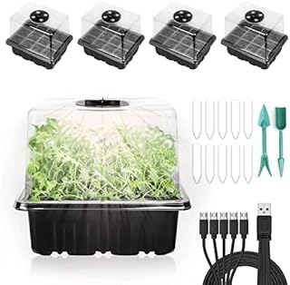 5 Pack Seed Starter Tray Kit,Plant Germination Starter Kit with Adjustable Humidity Dome, LED Grow Light & Base for Indoor Plants, Mini Greenhouse Propagator for Seedling Growing Starting