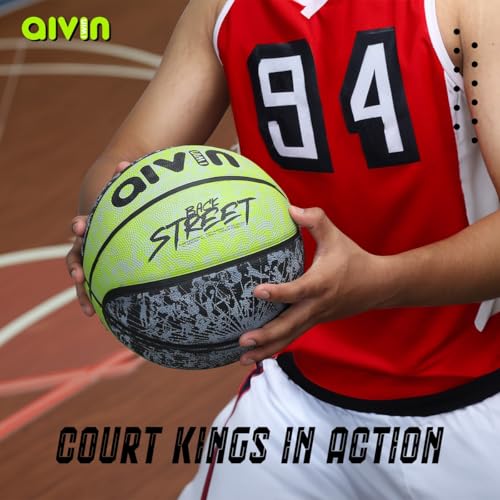 Image of AIVIN Back Street Basketball, Rubberized Moulded Basketball Game, for Match, Training, Outdoor Ball, Durable for Practice, Suitable for All Surface, 8 Panel, Material-Rubber (Green /Black) Size 7