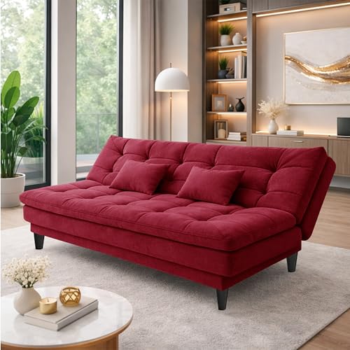 Image of Modern 3 Seater Sofa Cum Bed | Tufted Backrest | Velevt Fabric Upholstery | Living Room Furniture-Red