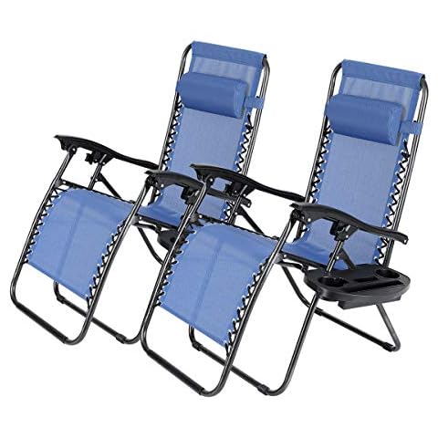Geniqua Set of 2 Zero Gravity Lounge Chair Recliners Steel Mesh Fabric Outdoor Folding Chair w/Footrest, Adjustable, Pillow and Tray, Black Cover