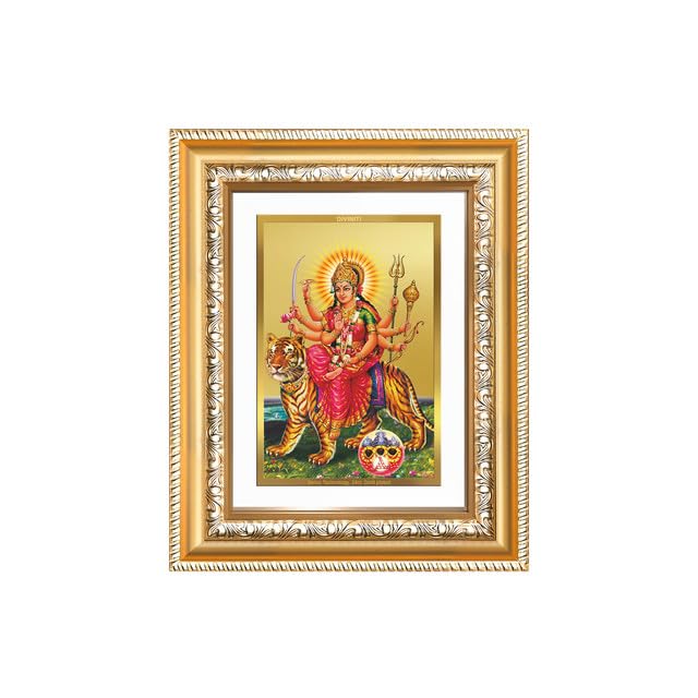 Image of DIVINITI Durga Sherawali Mata with Pind 24K Gold Plated Foil Wall and Tabletop Photo Frame for Home Decor, Puja Room, Luxury Gifting | DG Frame 112 S2 (21.5x17.5 CM)