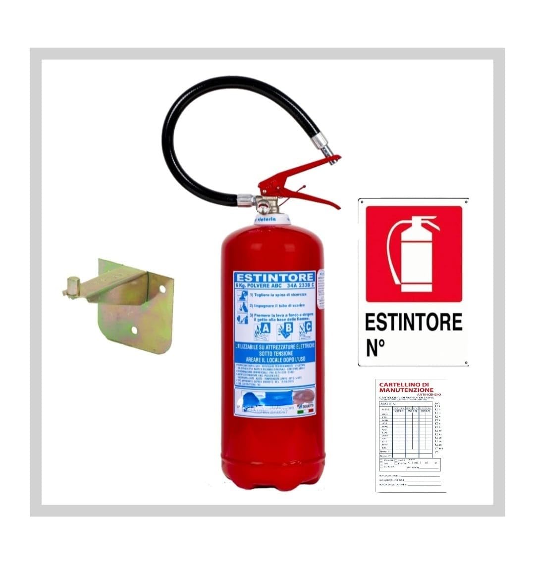 Estintore a Polvere Kg 6, Certificato, Fornito di Staffa + Cartello + Tagliando di Controllo (La Scadenza del Tagliando Non è la Scadenza dell’Estintore) – Estintore Pronto all’Uso TAG Nr E1061