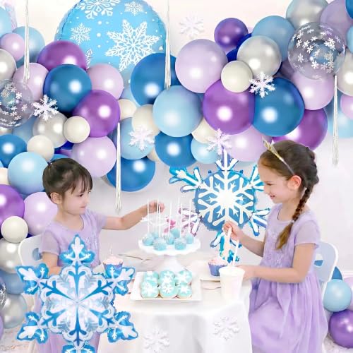Image of Ouddy Life 167Pcs Frozenn Balloons Arch Kit, Winter Wonderland Party Decor | Fringe Curtain Pearlescent Metallic Blue Purple Silver White Snowflake Balloon for Princess Girl Decorations Supplies