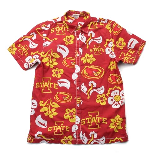 Wes and Willy NCAA Mens Hawaiian Floral Button Down Shirt, Iowa State Cyclones, Deep Maroon, S
