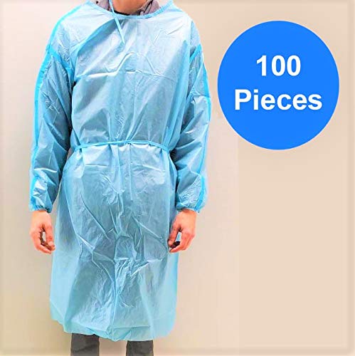 100 Pack Level 2 Pp + Pe Disposable Isolation Gowns Blue With Elastic Cuff, Latex-Free, Non-Woven, Fluid Resistant, Dental, Medical, Hospital, Industries, One Size Fits All (100 Pcs=10 Bags) #TOP5