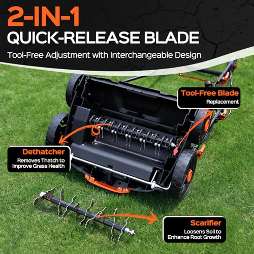 TIECTOWN 16-Inch 15.5 Amp 2-in-1 Electric Dethatcher and Scarifier with 14.5-Gallon Collection Bag, Lawn Dethatcher with 5-Position Depth Adjustment, Blade Replacement Without Tool - Orange by TIECTOWN - Image 3