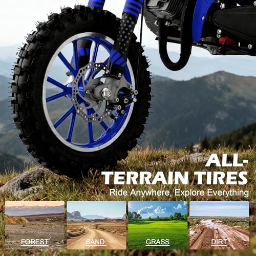 Image of Kids 50cc Dirt Bike,2-Stroke Gas Mini Bike,Blue,2026 Upgraded | Kids Dirt Bike for 8-14 with Front Rear Disc Brakes,10In Off-Road Tires,Shock Absorption,Seat Height 23.6in,Max Speed 40mph