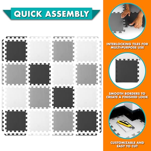 Image of ProSource Baby Play Mat, Soft Foam Floor Tiles for Kids, Interlocking EVA Panels for Playpen Use, Crawling Development Surface, Safe Non-Toxic Toddler Flooring, 16 Tiles, Black /Gray /White