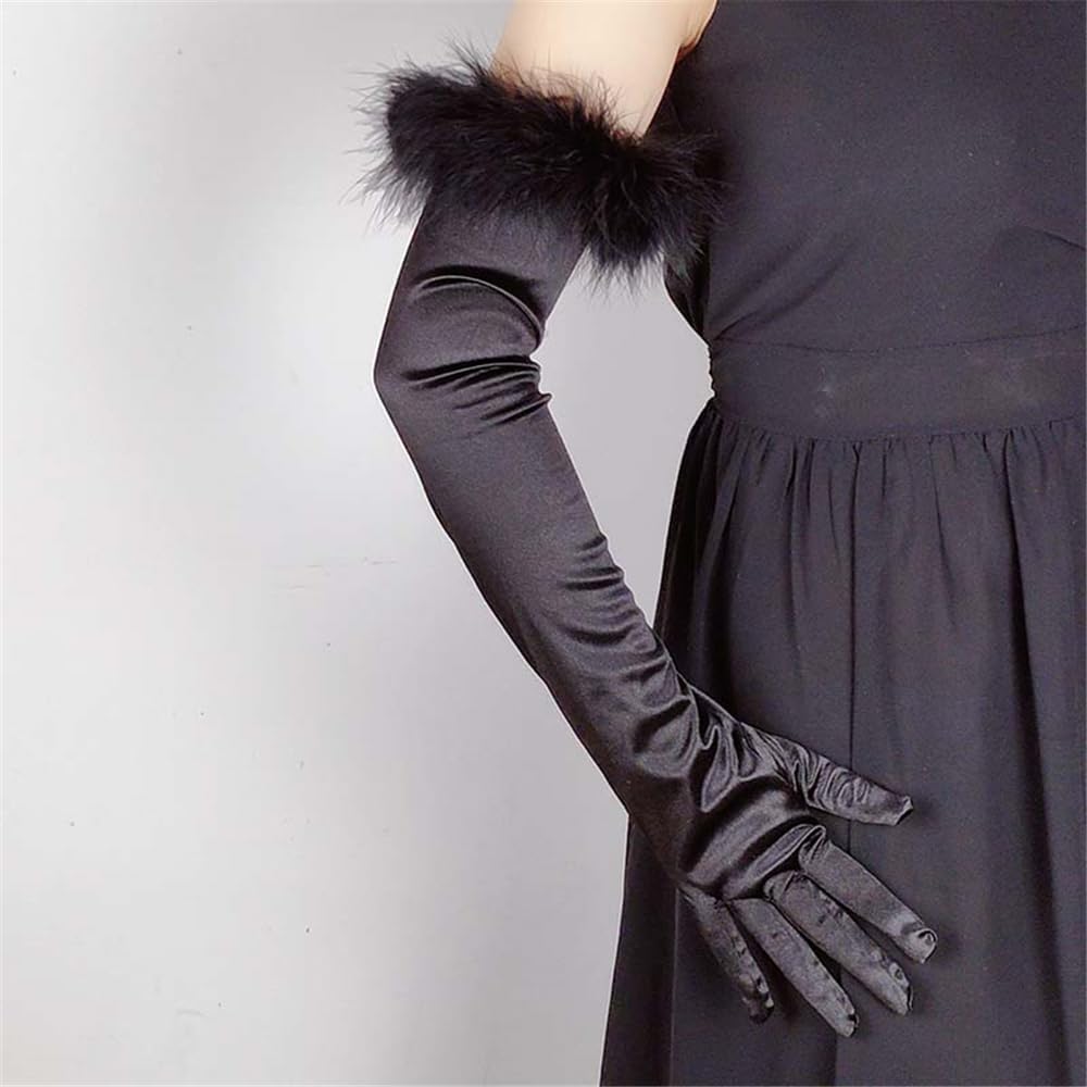 Women's Cuff Feather Satin Elastic Long Full Finger Wedding Dress Gloves Halloween Makeup Party