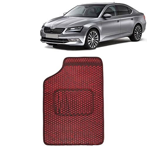 Image of Kingsway Dotted Design Car Floor Foot Mats Universal Fit for Skoda Superb, Model Year : 2015-2019, Water and Dustproof, Color Red, Set of 5 Pieces