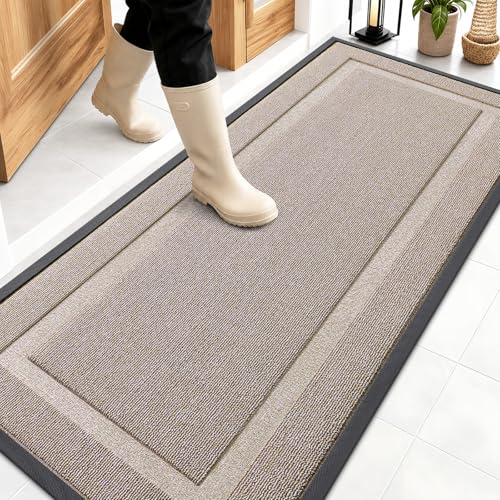 Image of OLANLY Front Door Mat Indoor Outdoor Entrance, Waterproof All-Season, All-Weather Doormat, Sturdy Natural Rubber, Low Profile, Easy Clean Patio Porch Entryway Mat, 59x23, Camel