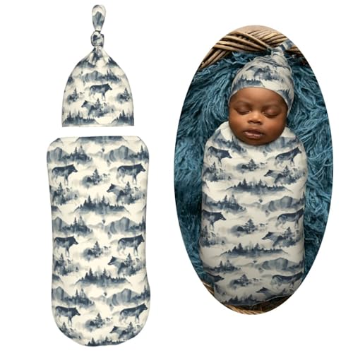 Image of Wolf and Mountain Newborn Swaddle Blankets Hat Sets Soft Baby Receiving Blanket Swaddle Sack for Baby Shower Infant Boy Girl Gift